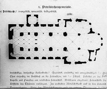 Grundrisszeichnung der St. Petri-Kirche: Pfeilerbasilika, romanisch, frühgotisch  (Soest), Aufnahmedatum der Fotografie ca. 1913.