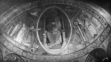 Romanische Gewölbemalerei (um 1200) in der St. Patrokli-Kirche, nördliche Apsis, Aufnahmedatum der Fotografie ca. 1913.
