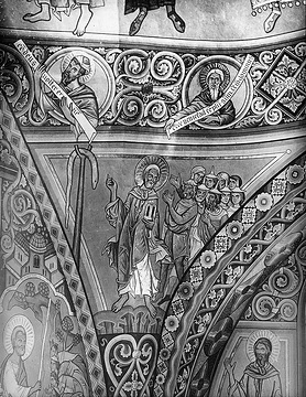 St. Maria zur Höhe, Hauptchor: Partie aus der restaurierten Wand- und Deckenmalerei (um 1240), Aufnahmedatum der Fotografie ca. 1913.