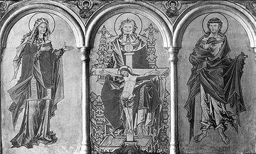 Mittelalterliche Tafelmalerei: Heilige Dreifaltigkeit, 13. Jahrhundert (ehemals in der Kirche St. Maria zur Wiese, Soest), Aufnahmedatum der Fotografie ca. 1913.