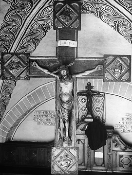 Gotisches Triumphkreuz (Holzschnitzerei) in der St. Patrokli-Kirche, Aufnahmedatum der Fotografie ca. 1913.