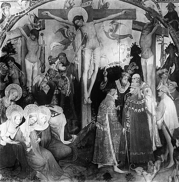 Kreuzigung Christi, Passionsaltar in der Stadtkirche Bad Wildungen, Conrad von Soest, um 1403, Aufnahmedatum der Fotografie ca. 1913.
