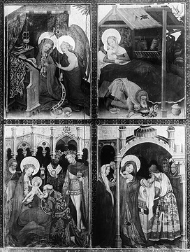 Passionsaltar, Szenen aus dem Leben Mariens, Conrad von Soest, um 1403,  Stadtkirche Bad Wildungen, Aufnahmedatum der Fotografie ca. 1913.