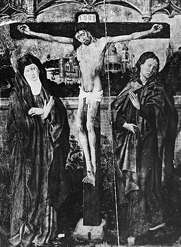 Tafelgemälde: Kreuzigung Christi, Johann von Körbecke, um 1450, Aufnahmedatum der Fotografie ca. 1913.