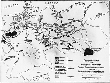 Übersichtskarte von 1912: Kohlelagerstätten und Moorgebiete in Deutschland