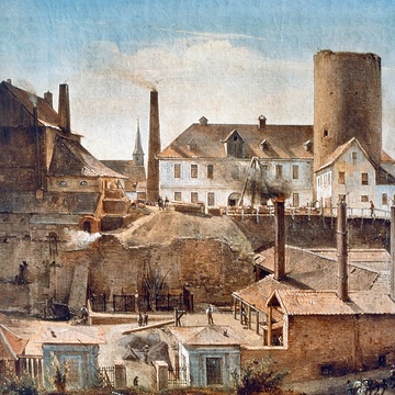 Friedrich Harkort - Die Harkortsche Fabrik auf Burg Wetter - Ölgemälde von Alfred Rethel, 1834 (im Besitz der DEMAG, Duisburg)