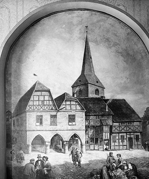 Rathaus und Kirche von Lünen, Ortsbild um 1800 (Fotografie eines unbekannten Gemäldes)