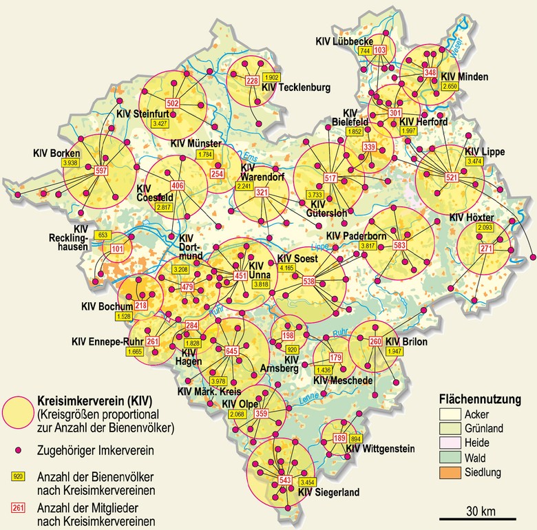 Karte mit der räumlichen Verteilung der Bienenvölker und Imkervereine in Westfalen