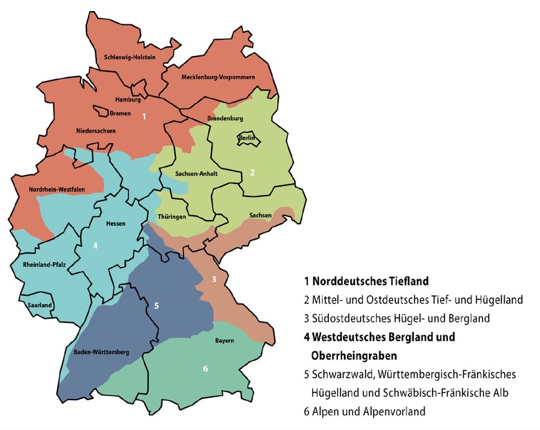 Karte mit Darstellung der sechs Vorkommensgebiete in Deutschland für gebietseigene Gehölze