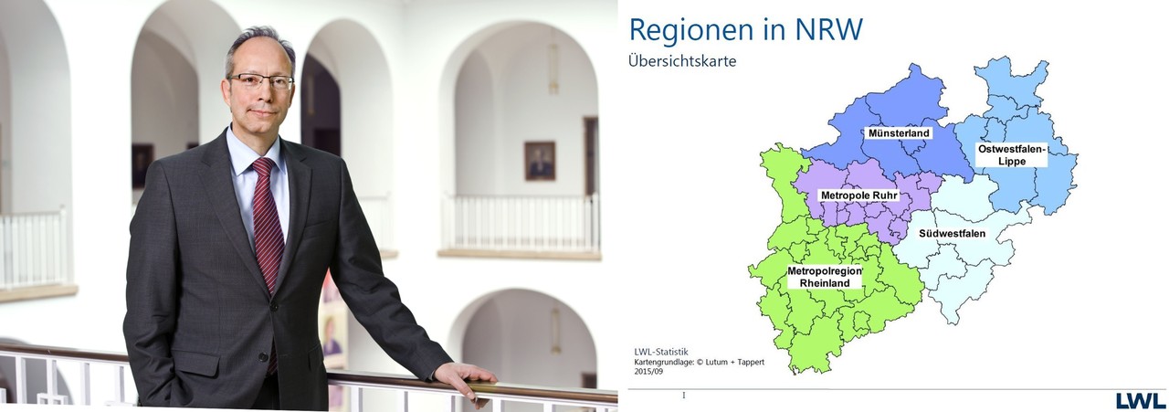 LWL-Direktor Matthias Löb und die Karte der NRW-Regionen