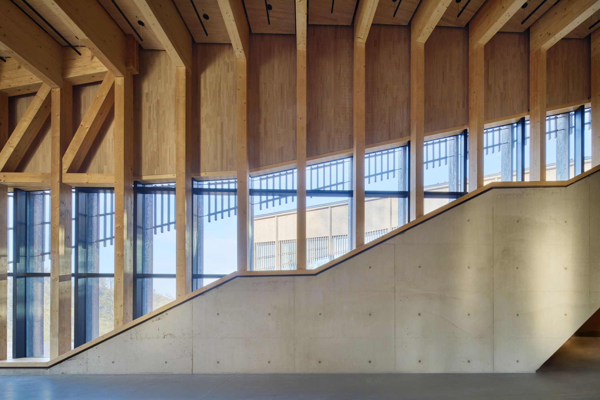 Von außen eine Freitreppe, von Innen ein eindrucksvolles Zusammenspiel der Materialien Holz und Beton.<br>Foto: LWL/Sigurd Steinprinz
