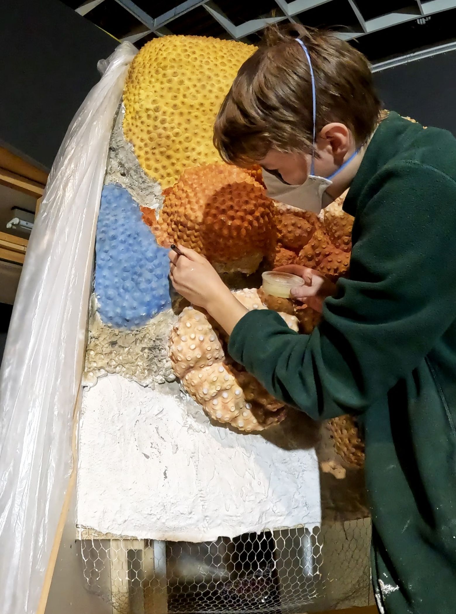Stück für Stück entsteht im LWL-Museum für Naturkunde ein Riff aus dem Devon: Mayla Renz-Kiefel bringt die urzeitliche Unterwasserwelt mit handwerklichem Geschick und wissenschaftlicher Genauigkeit in Form.<br>Foto: LWL/Leckelt-Hüls