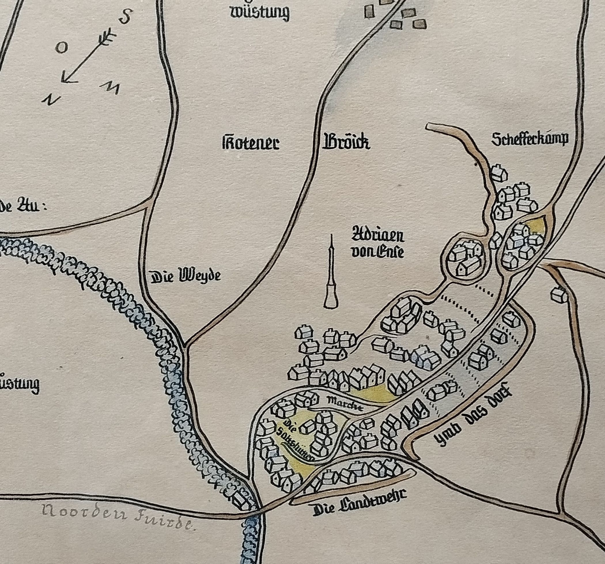 Kolorierte Bleistiftzeichnung eines Plans von Westernkonnten mit der Landwehr aus dem 16. Jahrhundert (Ausschnitt)<br>Quelle: Fotosammlung der Heimatfreunde Bad Westernkotten