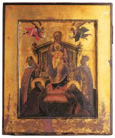 Glänzendes Kunstwerk: Die Ikone "Muttergottes vom Kiewer Höhlenkloster" stammt aus dem 19. Jahrhundert und bezieht sich auf ein Mosaik aus der Maria-Himmelfahrts-Kathedrale des Klosters.<br>Foto: Ikonen-Museum Recklinghausen/Jürgen Spiler