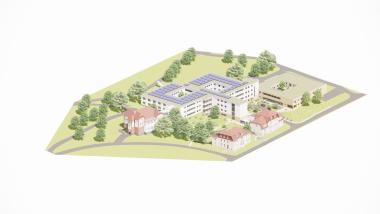 So soll der Klinikneubau zusammen mit den drei sanierten denkmalgeschützten Häusern aussehen.<br>Grafik: LWL/BLB