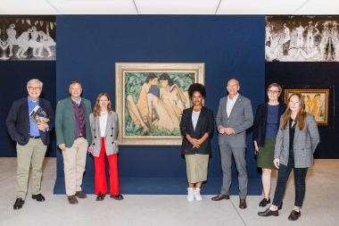 Die Ausstellung Otto Mueller ist ab Freitag (20.9.) im LWL-Museum für Kunst und Kultur zu sehen: Museumsdirektor Dr. Hermann Arnhold, der Vorsitzende der Stiftung kunst hoch drei, Hubertus Foyer, Co-Kuratorin Flora Tesch, die Wissenschaftlerin Prof. Dr. Natasha A. Kelly, der Direktor des Landschaftverbandes Westfalen-Lippe, Dr. Georg Lunemann, Kuratorin Dr. Tanja Pirsig-Marshall, Co-Kuratorin Ann-Catherine Weise (v. l.).<br>Foto: LWL/Hanna Neander