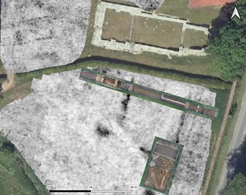 Plan mit den Grabungsschnitten südlich der alten Pfarr- und Klosterkirche.<br>Grafik: LWL/Peter Hessel