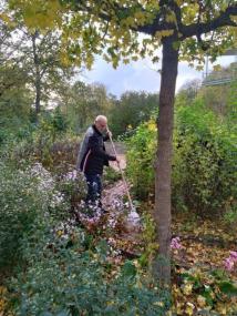 Im Herbst entspannt sich Hannes Daumann beim Laub harken.<br>Foto:LWL/Kerstin Seifert