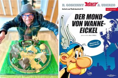 Hennes Bender feiert mit dem zehnten Asterix-Band auf Ruhrdeutsch Premiere im LWL-Römermuseum. <br>Foto: LWL/J. Mühlenbrock; Cover: Asterix®-Obelix®-Idefix® / © 2026 Les Éditions Albert René / Goscinny - Uderzo 