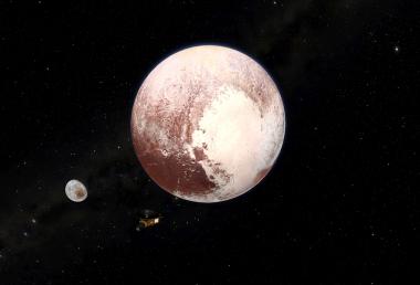 Die Raumsonde "New Horizons" erkundet Pluto und seinen Mond Charon - Szenenbild aus der Planetariumsshow "Planeten - Expedition ins Sonnensystem".<br>Grafik: LWL-Planetarium Münster