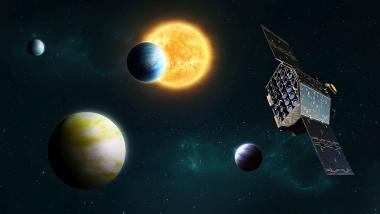 Künstlerische Darstellung der ESA-Mission "Plato" , die nach erdähnlichen Planeten um sonnenähnliche Sterne suchen wird. Der Vortrag stellt die Mission und ihre wissenschaftlichen Ziele vor.<br>Bild: ESA, Acknowledgement: ATG Europe, CC BY-SA 3.0 IGO. 