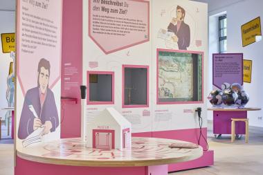 Blick in die Ausstellung "Von hier nach dort. Unterwegs mit Kompass und Navi!".<br>Foto: LWL / Philipp Harms