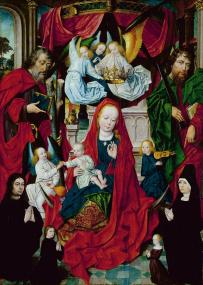 Derick Bargert: Maria mit Kind, den Aposteln Andreas und Thomas und Stifterfamilie (um 1495 - 1500), Öl auf Holz, 114,9 x 85,1 cm. 