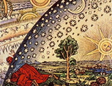 Mittelalterliche Darstellung eines Astronomen, wie er hinter den kosmischen Vorhang blickt. <br>Foto: LWL/Egbert</br>