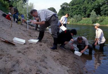 ' Probenentnahmen nichts für Wasserscheue. Die Teilnehmer untersuchen die Tierwelt der Ems mit ihren Kleinstlebewesen. <br>Foto: LWL</br>