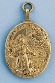 Giovanni Hamerani: Medaille auf die beiden Heiligen Ignatius von Loyola und Franciscus Xaverius, Messing vergoldet, 1675 oder 1678: Die Vision von La Storta des Ignatius. 	<br>Foto: LWL</br>