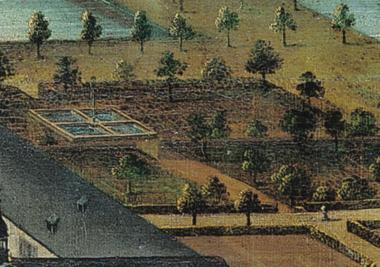 Auf dem Bild eines unbekannten Malers (um 1737, heute im Westfälischen Landesmuseum für Kunst und Kulturgeschichte Münster) ist im Dalheimer Klostergarten deutlich das hintere quadratische Wasserbassin zu erkennen, das die LWL-Archäologen jetzt ausgegraben haben.<br>Foto: LWL/Jordan</br>