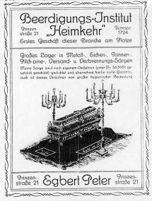 Vor den Weltkriegen warben die Bestat-tungsunternehmen noch offen mit Särgen wie in dieser Anzeige aus dem Jahr 1914. Die traumatisierenden Kriegserlebnisse führten dazu, dass auch die Bestatter den Tod in ihrer Werbung mehr und mehr versteckten.      <br>Repro: LWL</br>