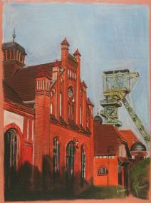 Die alte Werkstatt der Zeche Zollern II/IV. Pastellkreidezeichnung von Hermann Sperl. <br>Repro: A. Hudemann </br>