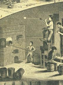 Arbeiter in einer böhmischen Glashütte. Kupferstich um 1880. <br>Archiv WIM</br>