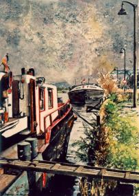 Schleppkähne am Kanalhafen Herne, Aquarell von Hermann Bertelt. <br>Foto: LWL