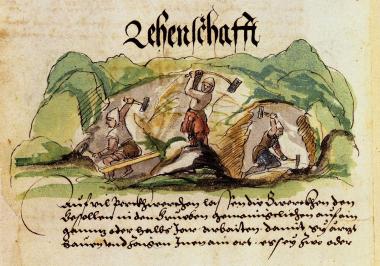 Schwaz bei Innsbruck. Quelle: Schwazer Bergbuch, Bilderhandschrift von 1554/56, Tirol. <b>Original:</b> Deutsches Bergbau-Museum Bochum.