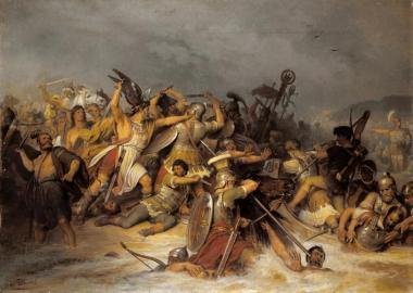 Typische Szenen einer Schlacht zwischen Römern und Germanen aus einem Gemälde von Friedrich Tüshaus.<br>Repro: LWL</br>
