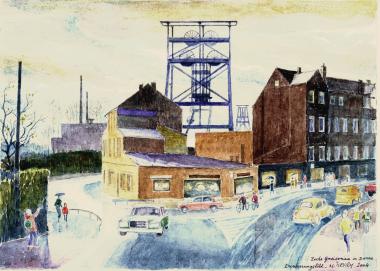 Zeche Gneisenau in Dortmund-Derne, Aquarell von Michel Fleury, 2004.<br>Repro: LWL</br>