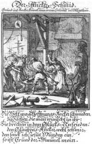 Darstellung einer Freiformschmiede aus Georg Agricola, De re metallica Libri XII, Basel 1556.