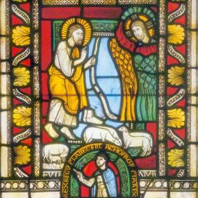 Moses am brennenden Dornenbusch und Selbstbildnis des Gerlachus. Glasmalerei aus dem Kloster Arnstein.<br>Foto: LWL/Wakonigg</br>