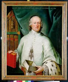 Der Cappenberger Propst Goswin Mauritz von Ketteler (amt. 1739-1784) vor seiner Bibliothek (Gemälde in der Ausstellung). <br/>Foto: LWL/Ahlbrand-Dornseif