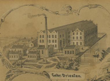 1857 errichtete die Firma Gebrüder Driessen den ersten großen Spinnereibau in Bocholt. Der Schornstein des Komplexes ist bis heute erhalten. <br/>Foto: Stadtarchiv Bocholt