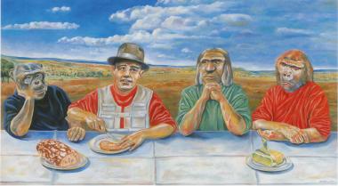 Eines der Bilder, die in der Kunstausstellung zu sehen sind: Ander (Andreas Müller), ¿Beim Schmieren eines Brotes, verlor sich Herr B. in den Gedankenwurzeln seiner sozialen Plastik¿¿, Öl auf Holz, 2005