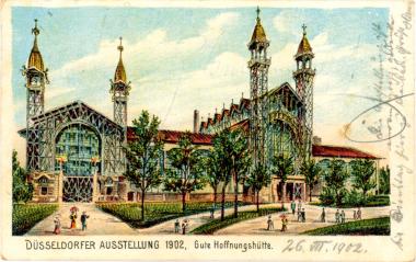 Diese Postkarte zeigt die Ausstellungshalle der Gutehoffnungshütte auf der Düsseldorfer Industrie-, Gewerbe- und Kunstausstellung 1902. Die Halle diente als Vorbild für die Maschinenhalle der Zeche Zollern. <br>Foto: LWL<br />