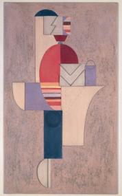 Figur mit Streifen auf Rosa III, 1920. Öl, Tempera, Karton, Sperrholzteile und Sand auf Sperrholz 66x39,2 cm, Privatbesitz.<br>VG Bild-Kunst, Bonn 2005<br />