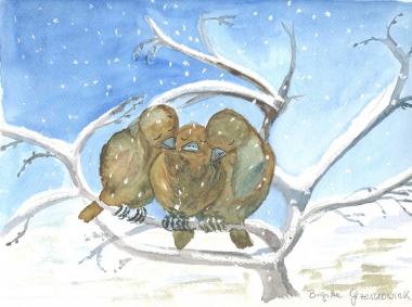 Die Malgruppe ¿Art 13¿ hat u.a. die ¿Drei Spatzen¿ von Christian Morgenstern zur Bebilderung der Lesung für Kinder und Junggebliebene gemalt.