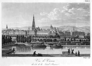 Der erste Wiener Kanalhafen mit Blick auf die Stadtmauer und den Stephansdom. Am Rand des Hafenbeckens zeigen die Holzstöße eines der Haupt-Transportgüter der ersten Jahre (Bild nach 1803). Foto: Fritz Lange