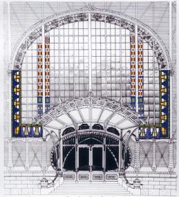 Rekonstruktion der farbigen Fenster über dem Eingangsportal zur Maschinenhalle der Zeche Zollern. <br>Grafik: Markus Kleine, Firma Peters<br />
