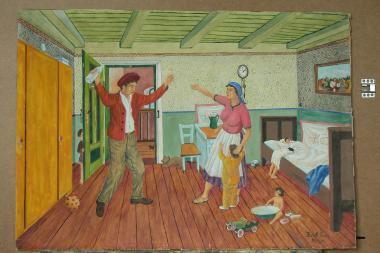 Streit im Koloniehaus, Gemälde von Eugeniusz Bak, 1961. Foto Stadtgeschichtliches Museum Zabrze