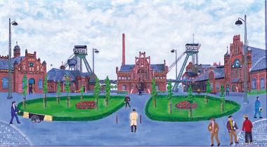 Zollern-Panorama von Franz Brandes (1921-1989), ehemaliger Hauer auf der Zeche Zollern. Er gehört zu den bekannteren Laienkünstlern im Revier, die Dagmar Kift im Vortrag zur Ausstellungsfinissage vorstellt. <br>Repro: LWL<br />